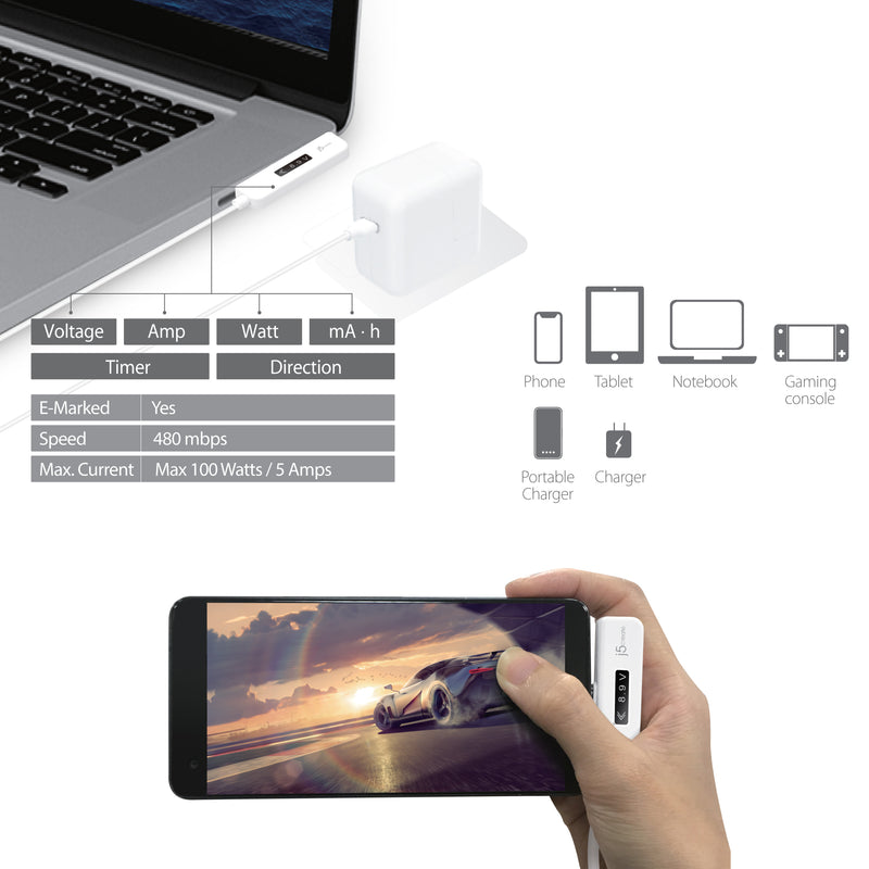 JUCP15 USB-C™ T型充電傳輸線內嵌OLED動態螢幕顯示 1.2米